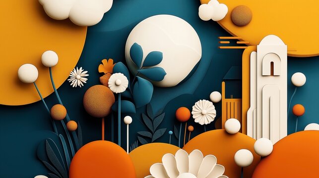 Abstract artistic illustration with geometric shapes depicting flowers, spheres, and an architectural structure in vibrant orange, blue, and white colors with a textured appearance.