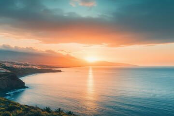 Fototapeta premium A serene sunset scene over the ocean on a cloudy day, perfect for travel or nature-themed projects. Beautiful simple AI generated image
