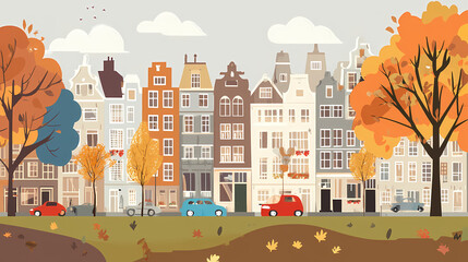Obraz premium A flat design of the cityscape of Amsterdam with brown. There are several cars parked on both sides of the street under trees with colored leaves.
