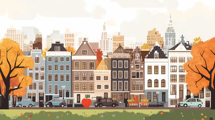 Fototapeta premium A flat design of the cityscape of Amsterdam with brown. There are several cars parked on both sides of the street under trees with colored leaves.
