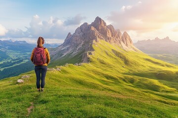 Obraz premium Rocky trail pathway with natural landscape view of snowcapped mountain range with cloudy blue sky- Himalayas ridge, Nepal. Beautiful simple AI generated image