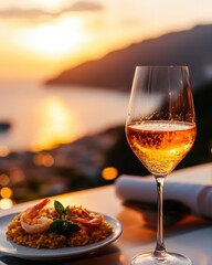 Naklejka premium Elegant glass of wine with a dish at sunset overlooking a beautiful landscape.