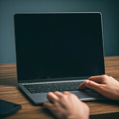 Showing a person's hands working on a computer with a blank screen on an office table. Businessman using notebook computer to work. Empty blank notebook screen.