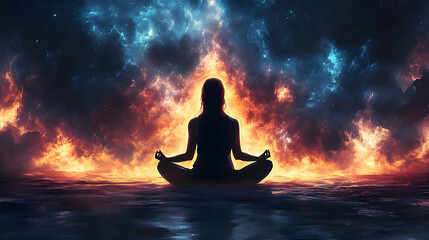 Woman Meditating in Front of a Fire and Cosmic Background Illustration