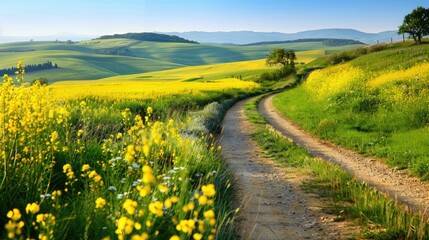 A rural path with green and yellow fields for text placement