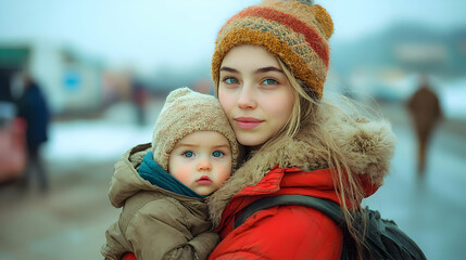 Obraz premium Woman Holding Baby in Winter - Realistic Image