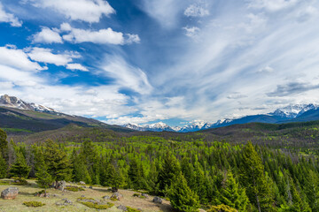 Jasper National Park Canadian Rockies nature scenery. Alberta, Canada. Forest and snow capped mountains in summer. View from Old fort point trailhead.