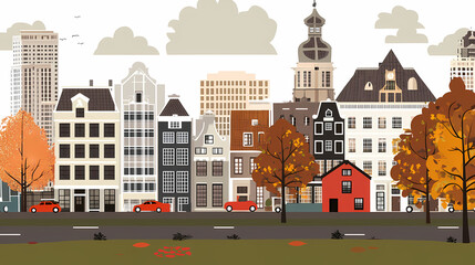 Obraz premium A flat design of the cityscape of Amsterdam with brown. There are several cars parked on both sides of the street under trees with colored leaves.