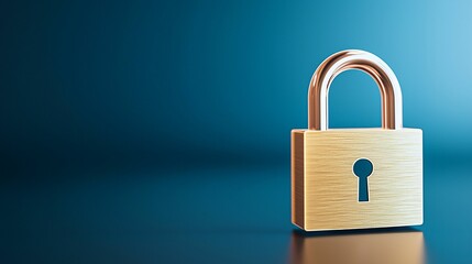 Fototapeta premium A shiny gold padlock rests on a smooth blue surface, symbolizing security and protection.