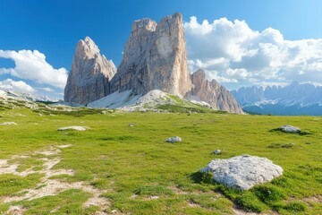 Deep mountain hiking. Atmospheric mountain landscape with great snow-covered pinnacle and snowy pointy peak in blue sky.. Beautiful simple AI generated image