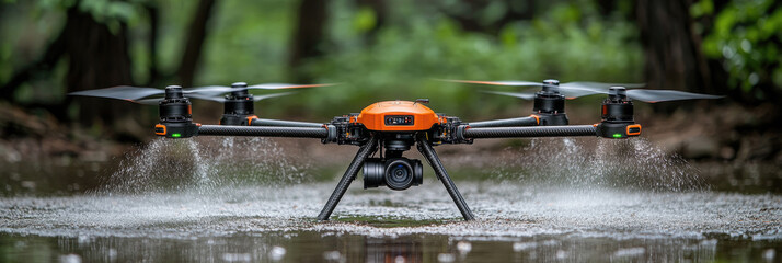 A vibrant orange drone is suspended above water in a dense forest, expertly designed for capturing breathtaking aerial shots in nature