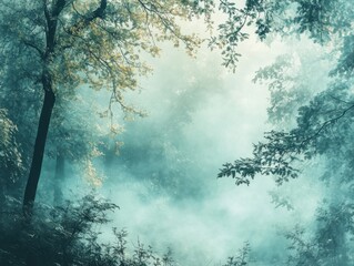 Fototapeta premium Misty forest scene with trees and ethereal light, calm and serene atmosphere.