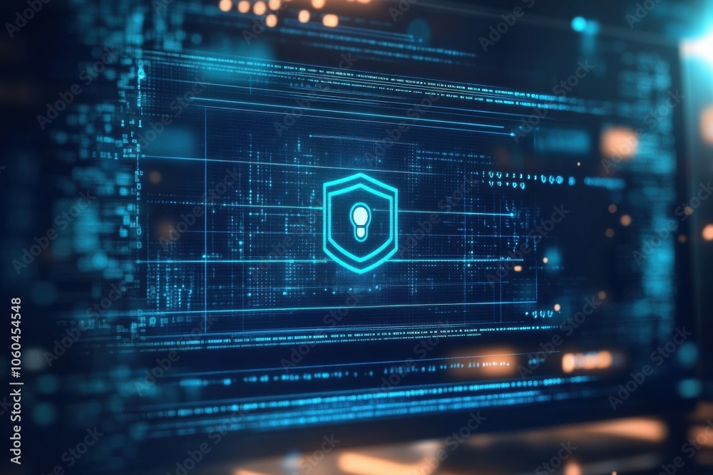 Aufkleber a glowing protection icon appears on a computer screen, highlighting themes of cybersecurity and dig