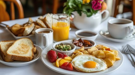 A full breakfast spread served at a cafe, with coffee, eggs, toast, and fresh fruit.