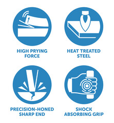 Wrecking crowbar main features icons set, in flat style