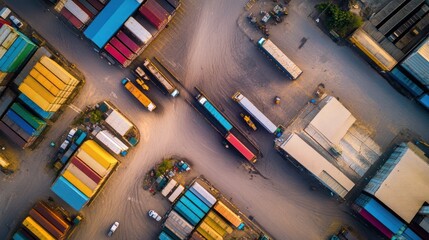 Aerial view of a busy logistics hub with trucks unloading cargo containers,