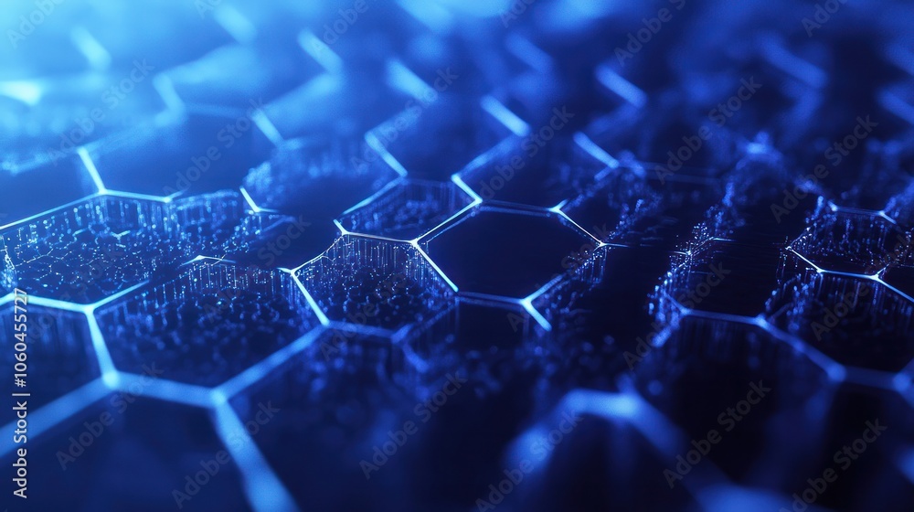 Poster a hexagonal grid pattern, featuring a monochromatic color scheme of light and dark greys on a white 