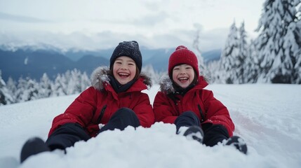 Happy Kids Enjoying Winter Snowy Landscape