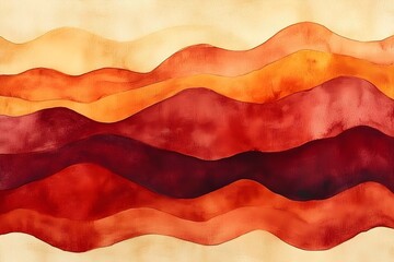 Fototapeta premium Abstract artwork featuring wavy lines in warm tones of red, orange, and yellow, creating a sense of movement and warmth that evokes a cozy atmosphere.