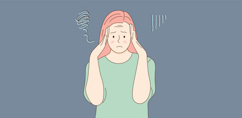 The girl is in a difficult situation. The woman experiences confusion and a nervous breakdown, emotional fatigue. Difficulty in making a decision. Vector illustration.