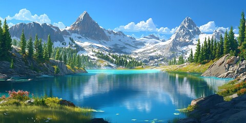 Serene Mountain Lake with Snow-Capped Peaks
