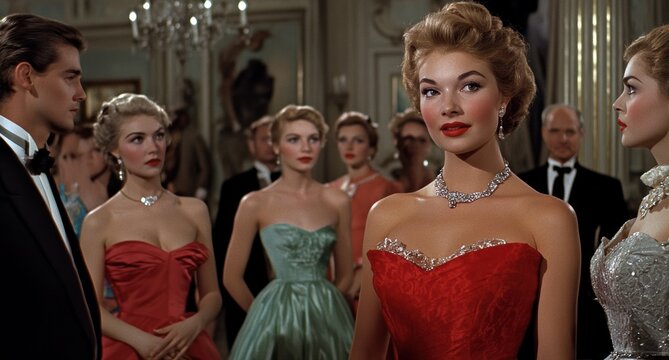 Elegant evening gathering featuring glamorous women in vintage attire