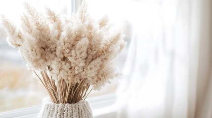 Pampas Grass in a Knitted Vase Subtle Blur Background with Space for Custom Text