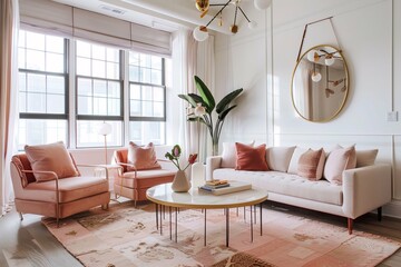 A living room with a white wall and pink furniture