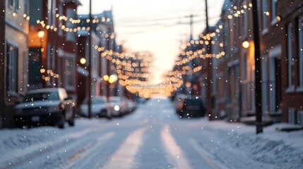 Snowy Street with Twinkling Lights at Dusk