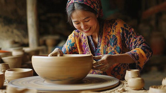 Smiling woman shapes a clay bowl on a pottery wheel, captured in warm, natural lighting for an artisanal, creative ambiance.