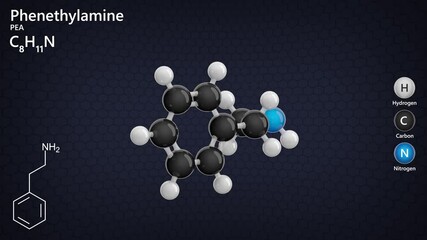Phenethylamine. Monoamine alkaloid. Animated 3D model of a molecule. Molecular formula: C8H11N. Chemical model: Ball and stick. Dark background. 3D rendering. Seamless loop.