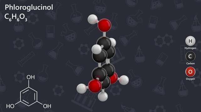 Phloroglucinol. Antispasmodic. Animated 3D model of a molecule. Molecular formula: C6H6O3. Chemical model: Ball and stick. Dark background. 3D rendering. Seamless loop.