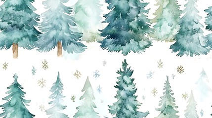 A watercolor scene of Christmas trees with soft pastel shades, blending greens and blues, frosty details, winter snowflakes gently falling, hd quality, light and airy look. --ar 16:9 --tile