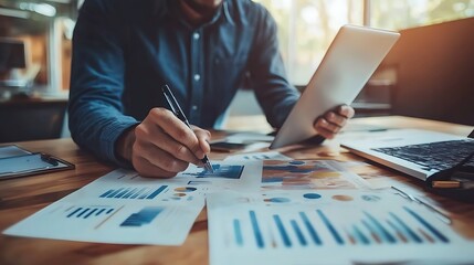 Businessman analyzing financial charts Smooth Blue Background with Copy Space for Advertisements