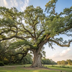 Obraz premium Majestic ancient oak tree spreading its branches wide in a tranquil park during golden hour. Generative AI