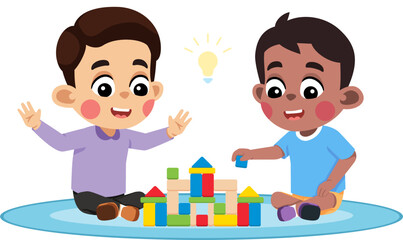 Obraz premium Kid Helping a Friend Build Something With Blocks