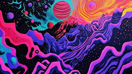 Retro-inspired psychedelic art with neon colors, geometric patterns, and digital textures