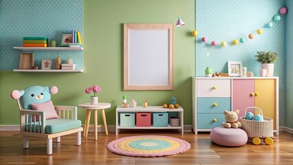 Charming wall art template featuring empty frame for creative interiors. Ideal for kids' rooms, it offers transparent PNG for effortless customization and stylish decor ideas.