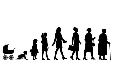 Woman in different ages. Newborn, girl teenager, adult woman, elderly person. Growth stages, people generation. Character silhouettes