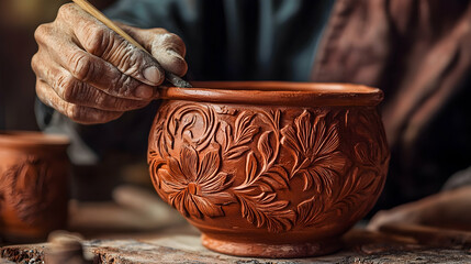 Textured clay pottery with hand-carved patterns, organic background highlighting traditional craftsmanship