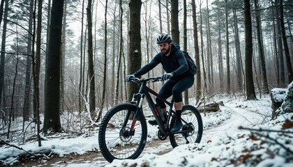 Fototapeta premium A man is riding a bicycle along a snowy trail that winds through the serene woods, surrounded by tall trees and winter scenery