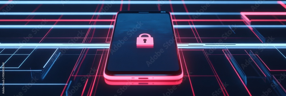 Poster a smartphone features a prominent lock icon on its display, surrounded by vibrant neon circuit patte