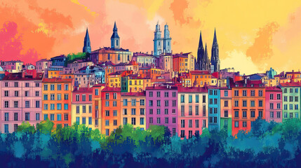 Obraz premium Lyon, France, Pop Art style theme print. Cityscape, city skyline.Vibrant, bright, modern, trendy, graphic designed for poster, card, wallpaper