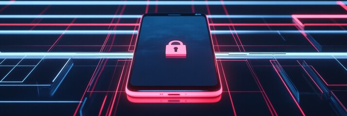 A smartphone features a prominent lock icon on its display, surrounded by vibrant neon circuit patterns, highlighting digital security concepts. Generative AI