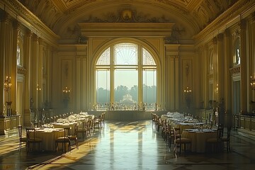 Fototapeta premium Elegant dining hall with large windows, showcasing a serene atmosphere and well-set tables.