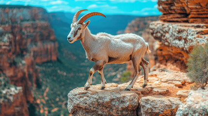 A mountain goat walks along a rocky cliff edge, showcasing its agility against the vast backdrop of the Grand Canyon
