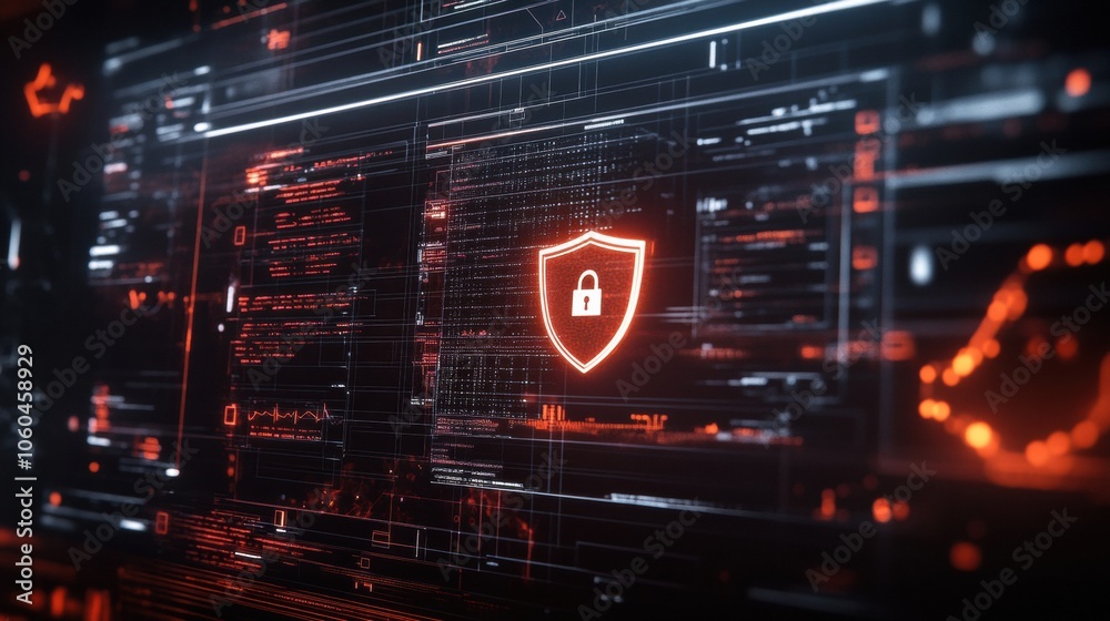 Aufkleber The screen highlights a shield and lock icon, emphasizing the importance of internet security amidst flowing data in a digital setting. Generative AI