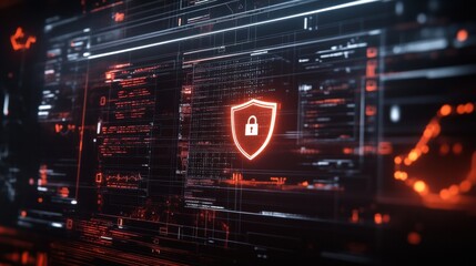 The screen highlights a shield and lock icon, emphasizing the importance of internet security amidst flowing data in a digital setting. Generative AI