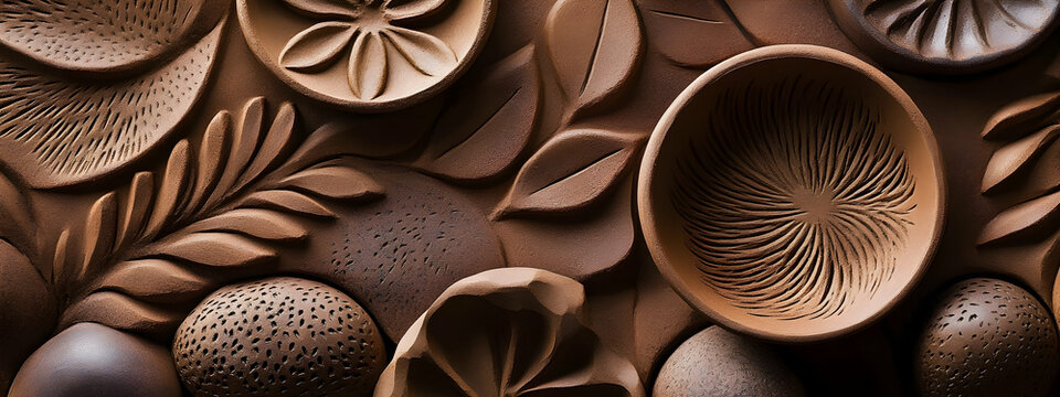 Textured clay pottery with hand-carved patterns, organic background highlighting traditional craftsmanship