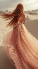 Ethereal Desert Elegance: Woman In Flowing Gown With Copper-Red Hair Standing In Vast Sand Dunes Under A Soft, Overcast Sky